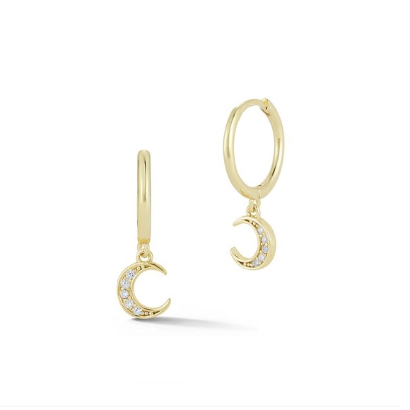 Jewelry - Tiny Dainty 14K Yellow Gold Vermeil Pave CZ Crescent Moon Drop Earrings